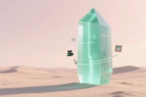 A giant smooth translucent mint-green monolith representing compact local AI memory.