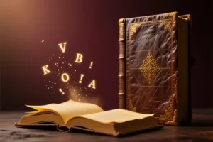 A gigantic heavily textured antique leather-bound book slightly open to reveal yellowed parchment pages.