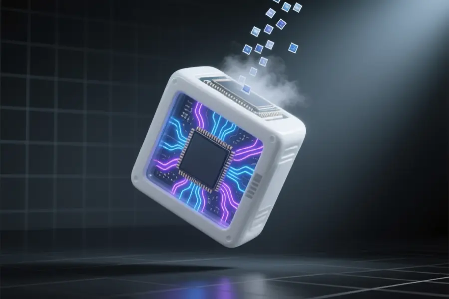 A gigantic processing unit constructed from smooth white ceramic and clear glass with glowing veins of neon blue and purple light.
