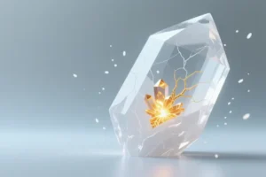 A gigantic quartz crystal structure angled representing vast capacity with small bright cluster of glowing amber and gold veins is illuminated.