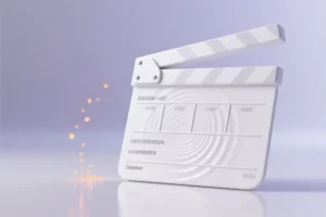A gigantic smooth white video clapperboard with a very soft, muted gradient of pale lavender background.