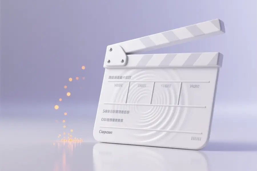 A gigantic smooth white video clapperboard with a very soft, muted gradient of pale lavender background.