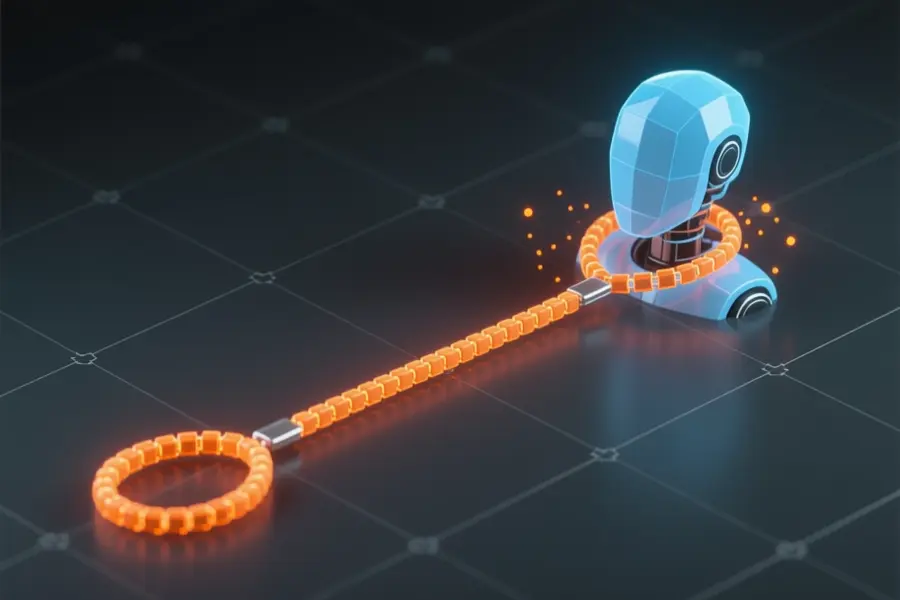 A glowing orange digital leash or tether extending from the bottom left and wrapping gently around a translucent blue geometric robot.