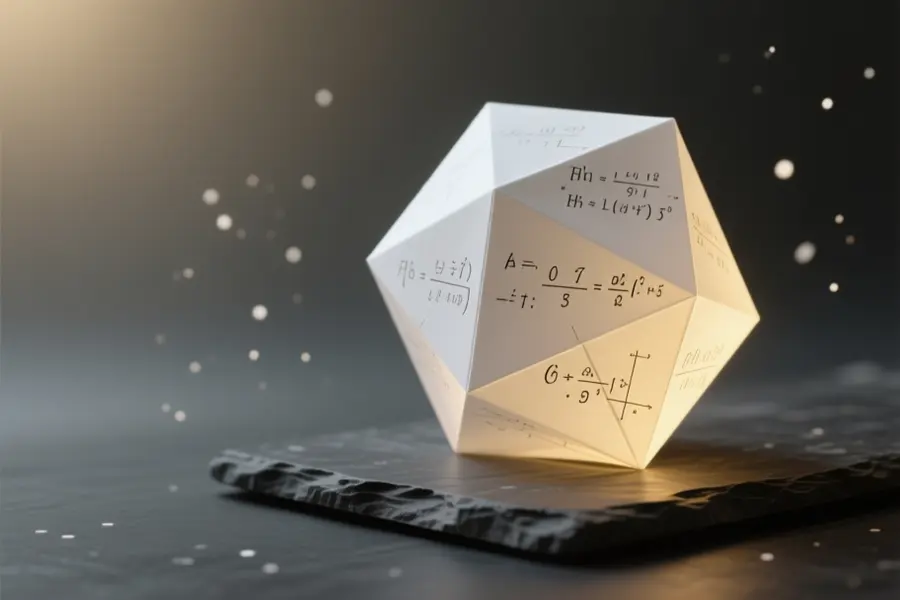 A glowing translucent origami dodecahedron resting securely on a dark matte slate slab,