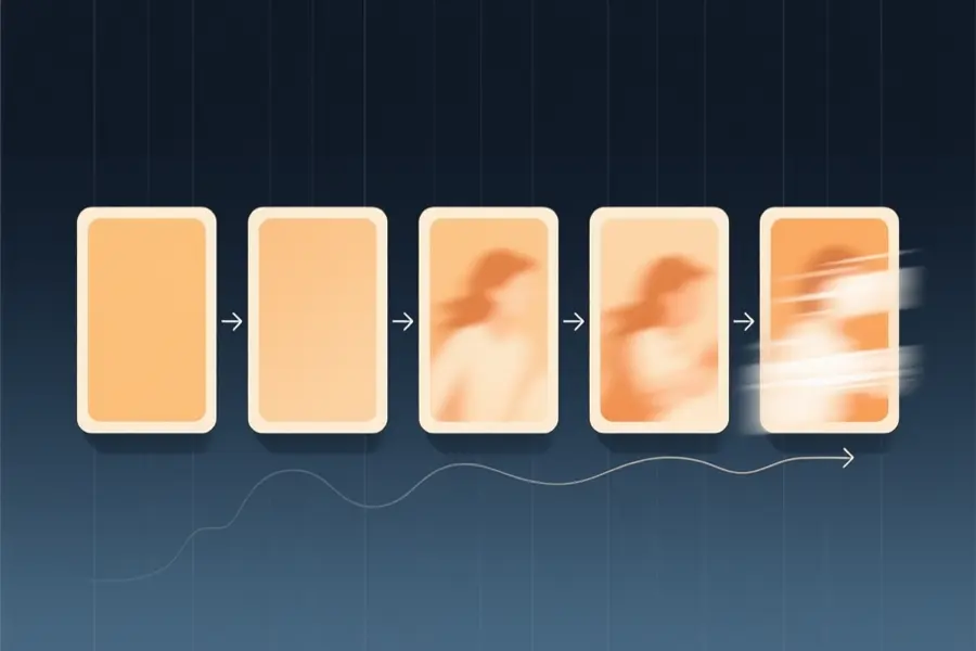 A horizontal sequence of five rectangular frames arranged left to right showing progressive transformation.