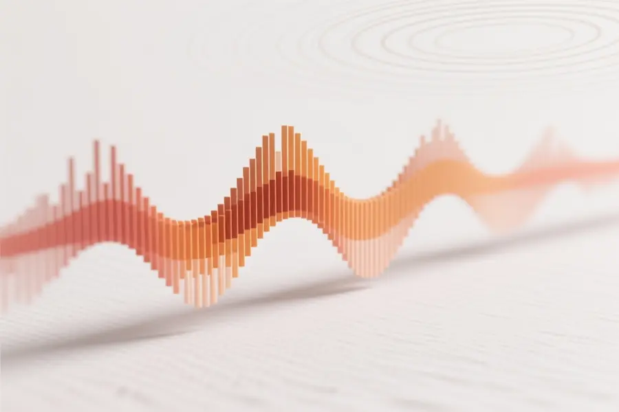A horizontal sound wave ribbon composed of hundreds of tiny vertical bars in varying heights.