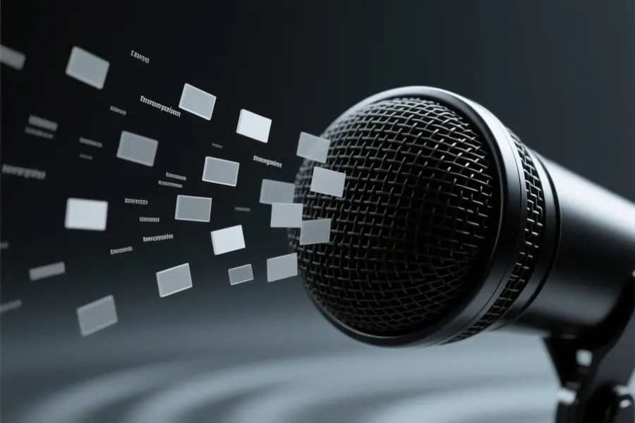 A huge metallic microphone positioned heavily on the right with circular mesh grille of the microphone and tiny delicate light grey rectangular text blocks are emerging.