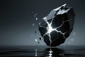 A jagged stone made of dark matte obsidian with deep sharp cracks of the stone and a piercing, brilliant white light emits softly.