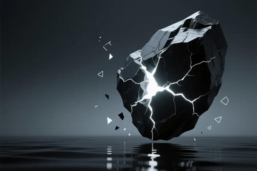 A jagged stone made of dark matte obsidian with deep sharp cracks of the stone and a piercing, brilliant white light emits softly.
