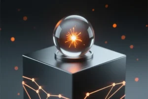 A larg dark titanium cube representing solid and stable hardware with a glowing sphere resting on top.