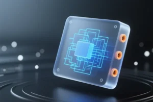 A large angled node panel with tiny intricate interconnected glowing blue lines and exposed amber output slots.