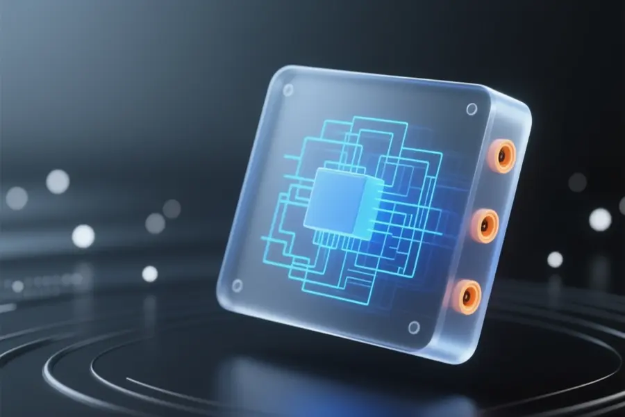 A large angled node panel with tiny intricate interconnected glowing blue lines and exposed amber output slots.