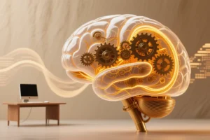 A large brain made of interwoven brass gears and glowing amber fiber optics next to a wooden desk.