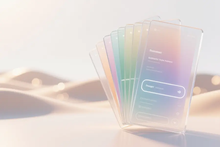 A large cluster of translucent rectangular glass panels stacked and slightly fanned out with each panel displaying a different colo.