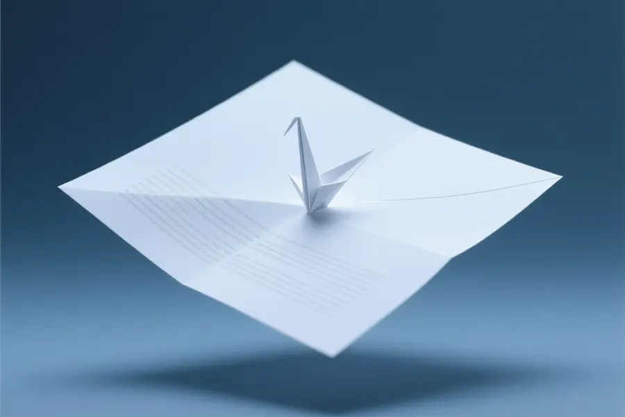 A large crisp sheet of white paper floating in a void slowly folding itself into a compact oragami bird.