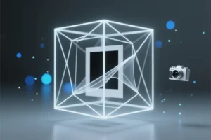 A large cube constructed from white thin glowing white wireframe lines with a camera that is suspended next to it and bokeh particles.