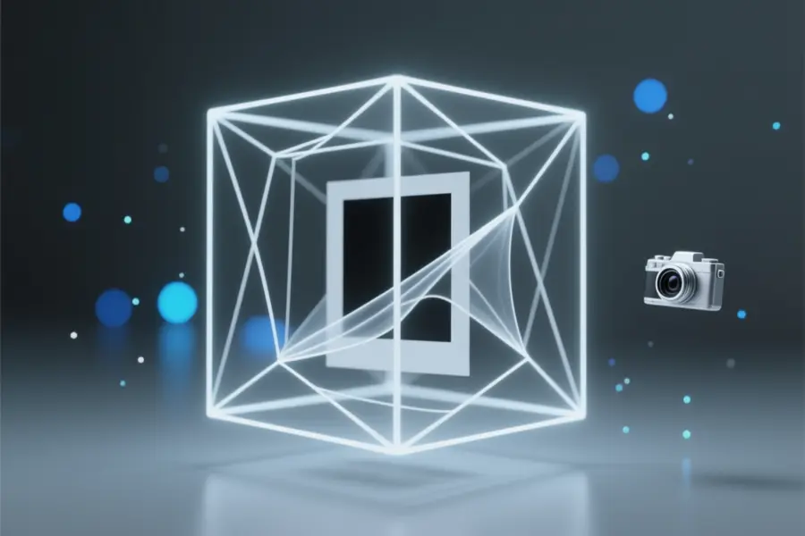 A large cube constructed from white thin glowing white wireframe lines with a camera that is suspended next to it and bokeh particles.