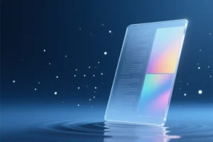 A large floating glass panel divided diagonally into two distinct textures displays a colorful gradient.