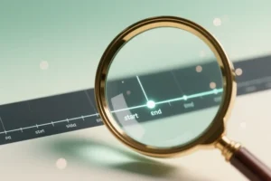 A large frosted glass magnifying glass with a brushed brass rim where the glass distorts a flat digital video timeline beneath