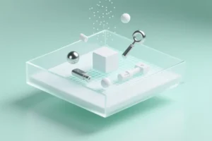 A large glass rectangular container resembling a digital sandbox with abstract geometric shapes like cubes and spheres inside.