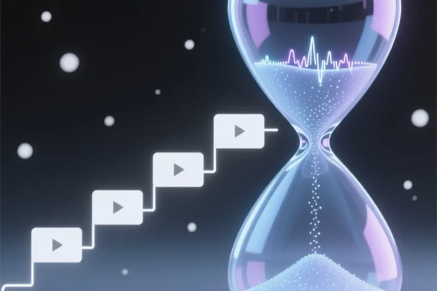 A large hourglass filled with tiny glowing audio waveform particles with a minimal sequence of flat rectangular video frames connected.