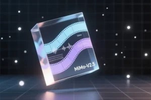 A large prism floating with faint swirling streams of video film audio waves and text character.