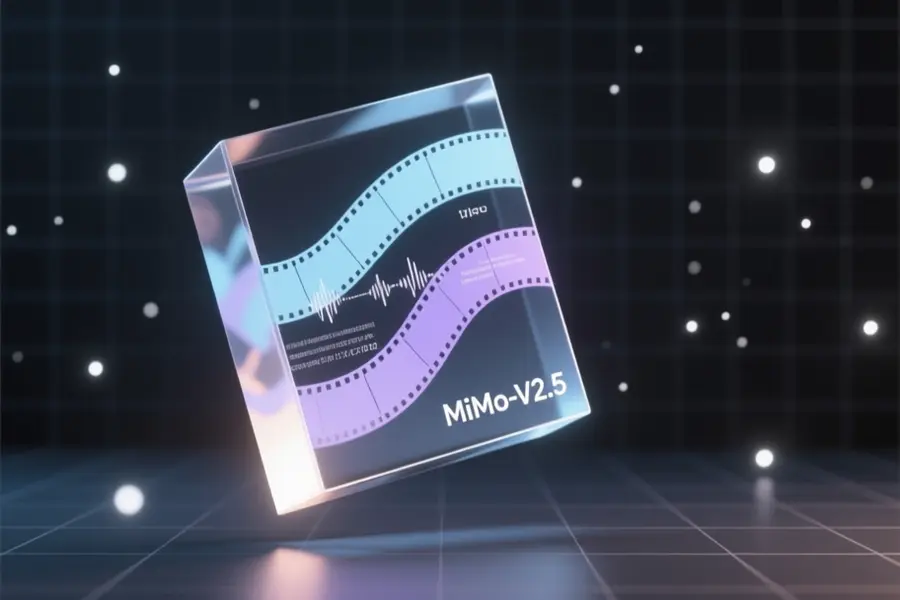A large prism floating with faint swirling streams of video film audio waves and text character.