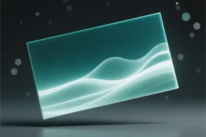 A large rectangular canvas panel floating at a 20-degree tilt wherre the surface displays a visible progression from coarse binary wavy mesh grid.