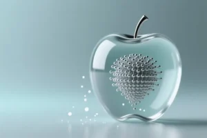 A large sleek apple made of frosted glass and brushed silver aluminum consists of tiny densely packed but neatly organized miniature silver nodes.