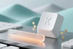 A large smooth matte white keyboard key with the letter K prominently embossed in the center angled and taking up most of the right side of the view.