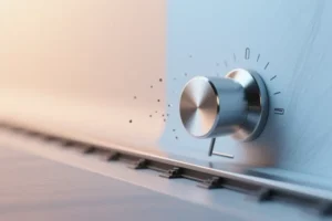 A large smooth metallic slider knob positioned on the right side of the frame with the background a soft gradient split.