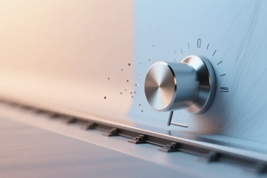 A large smooth metallic slider knob positioned on the right side of the frame with the background a soft gradient split.