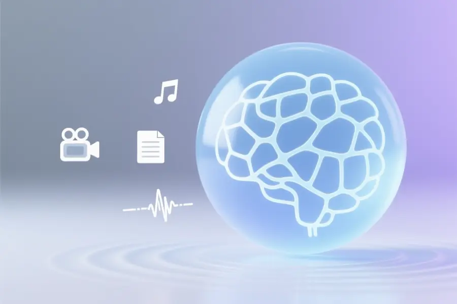 A large smooth translucent pale-blue sphere inside a delicate lattice of faint white glowing threads forms a complex neural network