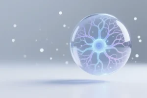 A large sphere representing a digital biological memory core where inside delicate thread-like structures glow.