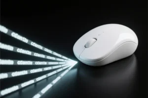 A large stylized computer mouse made of polished white ceramic where thin streams of text are flowing outward.