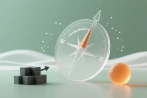 A large translucent compass needle made of frosted digital glass where the needle is gracefully steering away from a small cluster of blocks.