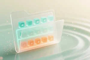 A large translucent digital folder with glowing streams of light and small geometric shapes.