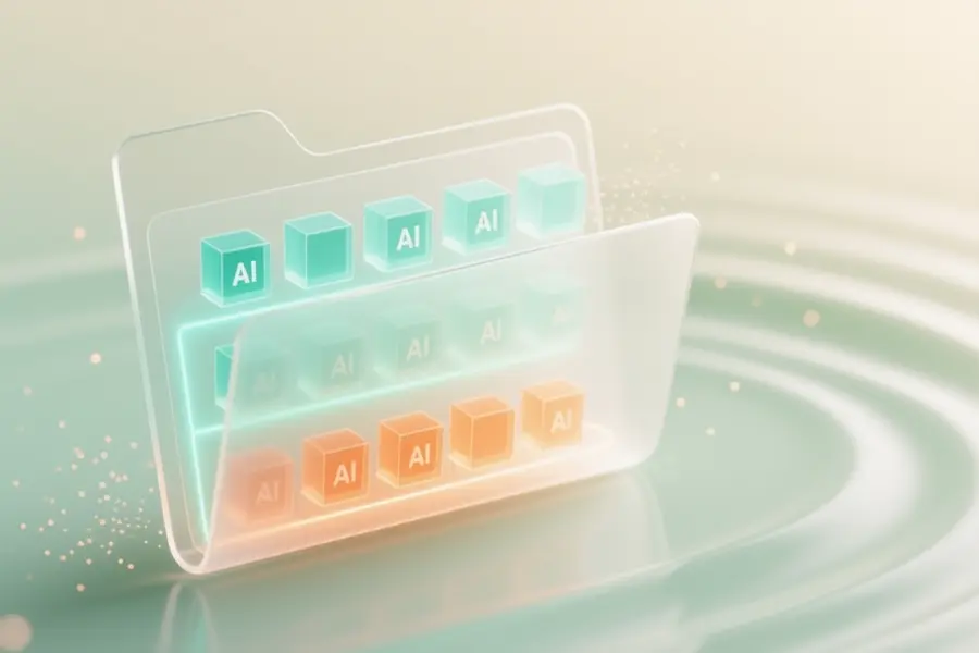A large translucent digital folder with glowing streams of light and small geometric shapes.