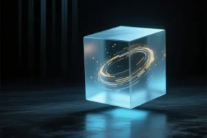 A large translucent frosted glass cube floating while inside the glass structure, faint swirling particles of gold and silver.