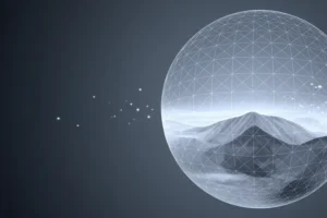 A large translucent sphere constructed entirely of shimmering interlocking polygonal meshes with a realistic landscape inside the sphere.