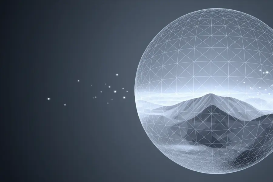 A large translucent sphere constructed entirely of shimmering interlocking polygonal meshes with a realistic landscape inside the sphere.