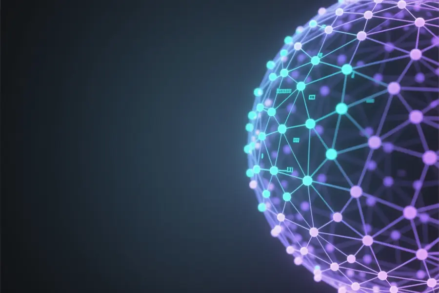 A large translucent sphere made of thousands of tiny glowing interconnected nodes and delicate threads