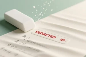 A large white eraser angled slightly is pressing down onto a continuous sheet of softly rippling paper into clean REDACTED placeholder