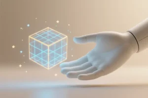 A large white matte mannequin hand the hand is open holding a translucent cube.