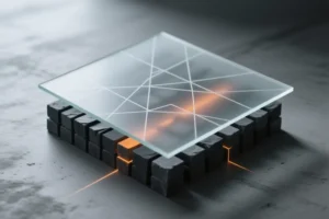 A layered frosted glass panel floats horizontally in a centered composition displaying delicate geometric lines and precise grid intersections