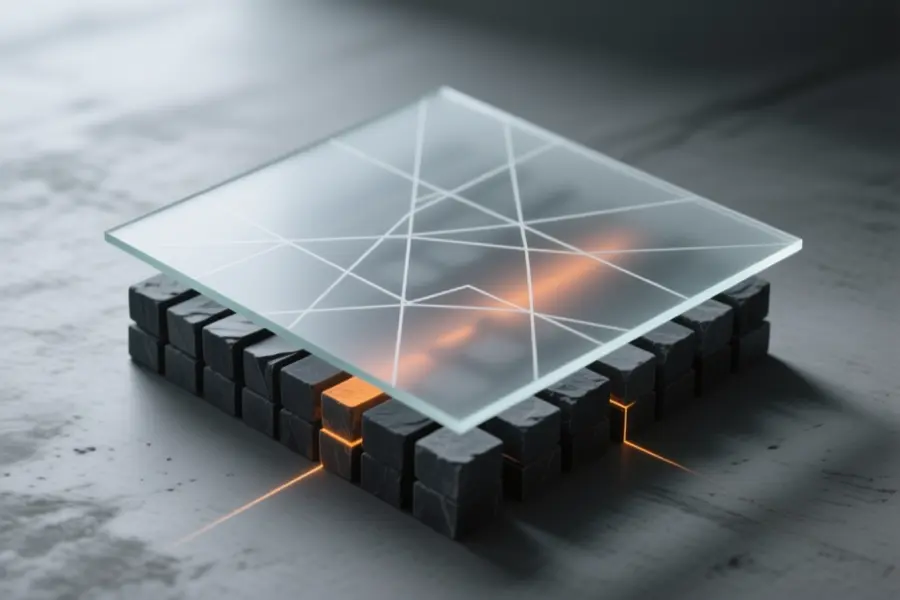 A layered frosted glass panel floats horizontally in a centered composition displaying delicate geometric lines and precise grid intersections