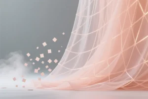 A long translucent mesh fabric slowly weaving itself into a complete solid sheet of soft peach color dissolving into a subtle white mist.