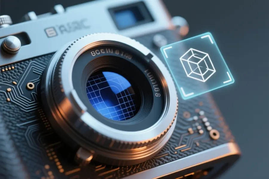 A macro close-up of a mechanical camera iris lens resembling a circuit board.