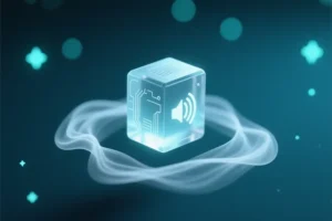A macro shot of a crystalline geometric object resembling a miniature sound receiver floating in a vast dark teal void.