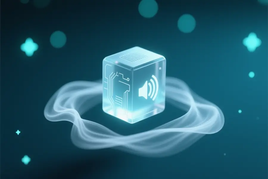 A macro shot of a crystalline geometric object resembling a miniature sound receiver floating in a vast dark teal void.